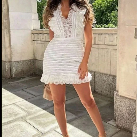 Parisian White Crochet Lace Ruffle Mini Dress - Picture 3 of 8